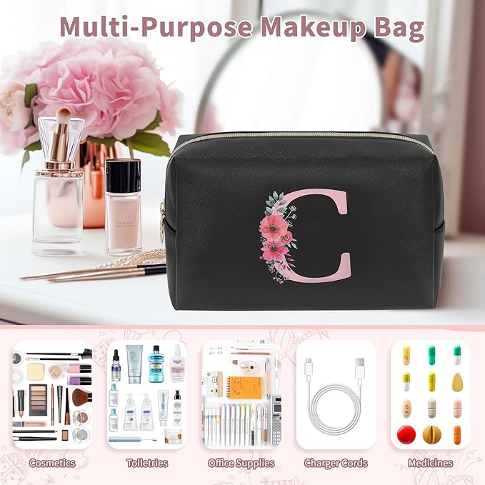 Initial Makeup Bag for Women, Travel Makeup Bag Small Cosmetic Bag, Birthday Gifts for Girls and Women, Teen Girls Gifts Trendy Stuff, Personalized Gifts for Grandkids Teacher Friends Bride Bridesmaid