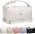 Personalized Friend Gifts, Initial Large Makeup Bag, Personalized Double Layer Cosmetic Bag with Makeup Brush Organizer, Waterproof, Large Capacity PU Leather Toiletry Bag，Teacher Gifts