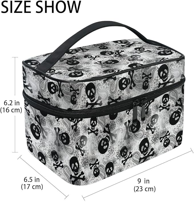 MNSRUU Makeup Bags, Gothic Skulls Black Grey Paisley Makeup Organizer Bags Toiletry Bag Box Travel Cosmetic Bag Make Up Train Case for Women Teen Girl Ladies