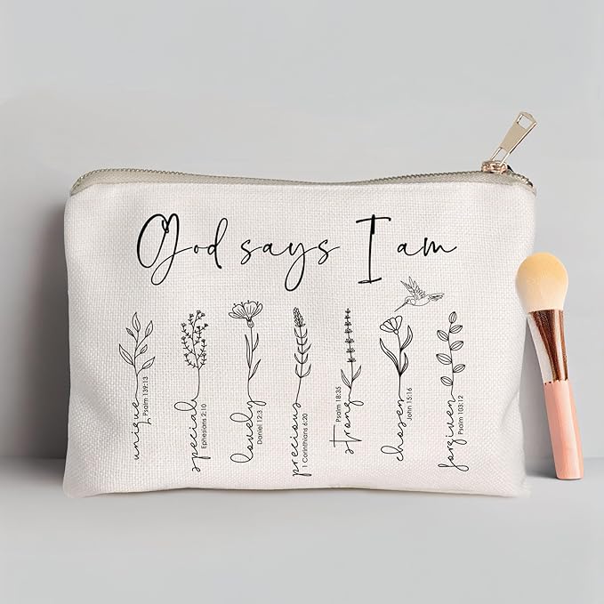 HubbgDesign God Says You Are Cosmetic Bag, Christian Makeup Bag Bible Verse Floral Bible Verse Makeup Case for Women, Inspirational Cosmetic Bag, Sister Gifts, Affirmations Gifts (God says I am...)