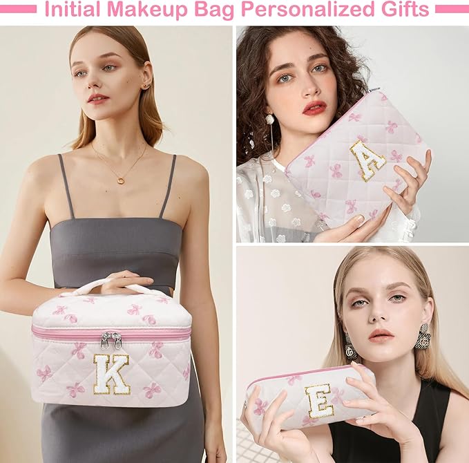 Junesters Initial Makeup Bag Set, Personalized Quilted Makeup Bag, Large Floral Cosmetic Bag for Women, Cute Cotton Custom Make up Bags, Flower Travel Toiletry Bag Teen Girl Gift Pink Butterfly K
