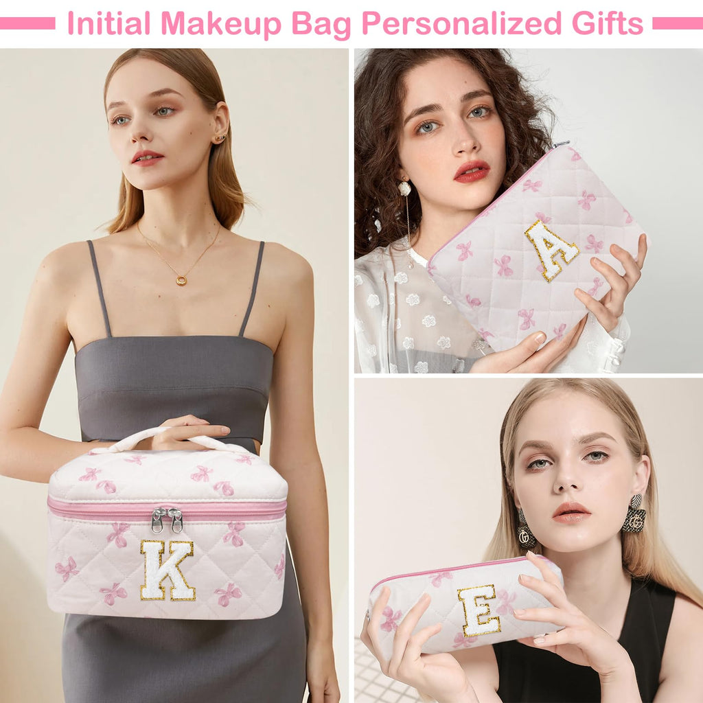 Junesters Initial Makeup Bag Set, Personalized Quilted Makeup Bag, Large Floral Cosmetic Bag for Women, Cute Cotton Custom Make up Bags, Flower Travel Toiletry Bag Teen Girl Gift Pink Butterfly K