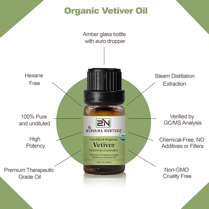Nirvana Nurture Vetiver Essential Oil, USDA Certified Organic, 100% Pure Undiluted, Aromatherapy Oil for Diffuser, Hair & Skin Care