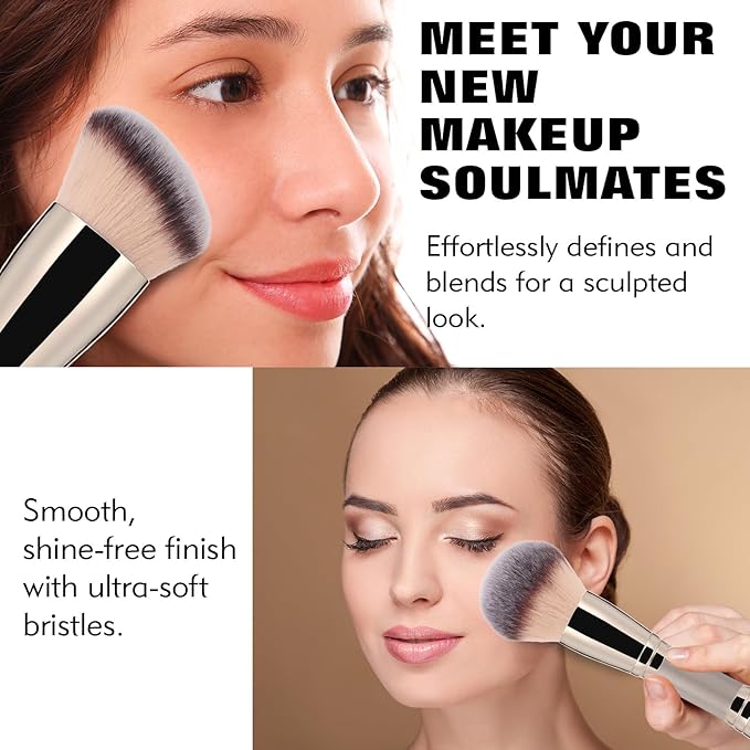 Dual-Ended Makeup Brush: Round & Angled Powder Brush, 100% Vegan Synthetic Blush Brush for Cheeks, Foundation Brush Flawless Blending and Application of Liquid, Powder, Cream, Blush