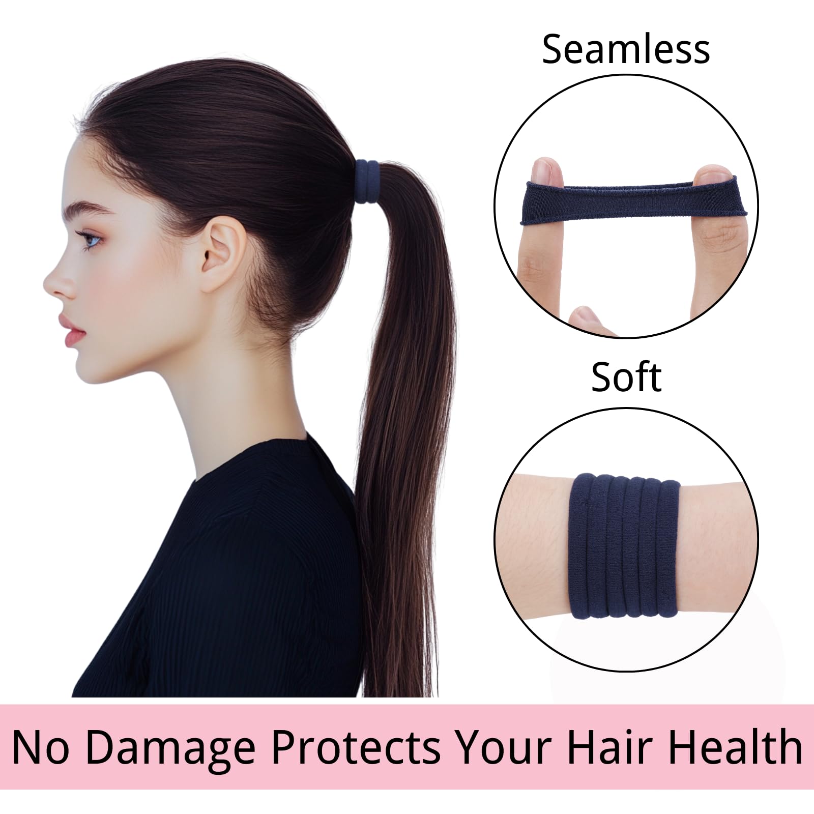 LuSeren 120 Pcs Navy Hair Ties for Women, No Damage Soft Seamless Nylon Hair Elastics for Thick Hair, Ponytail Holders, Solid Navy Hair Accessories