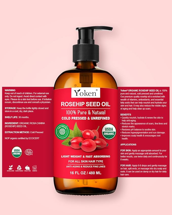 Yoken Cold Pressed Organic Rosehip Seed Oil for Skin, Hair & Body, 16 fl oz