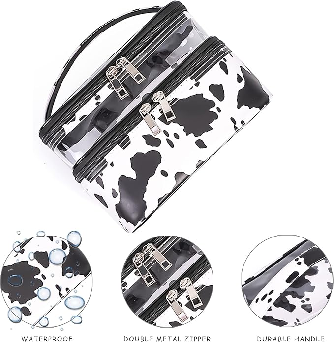 imerelez Double-layer Cosmetic Bag Makeup Bag Travel Makeup Bag Makeup Bags for Women Cosmetics Cases Portable Waterproof Foldable (Cow Print)