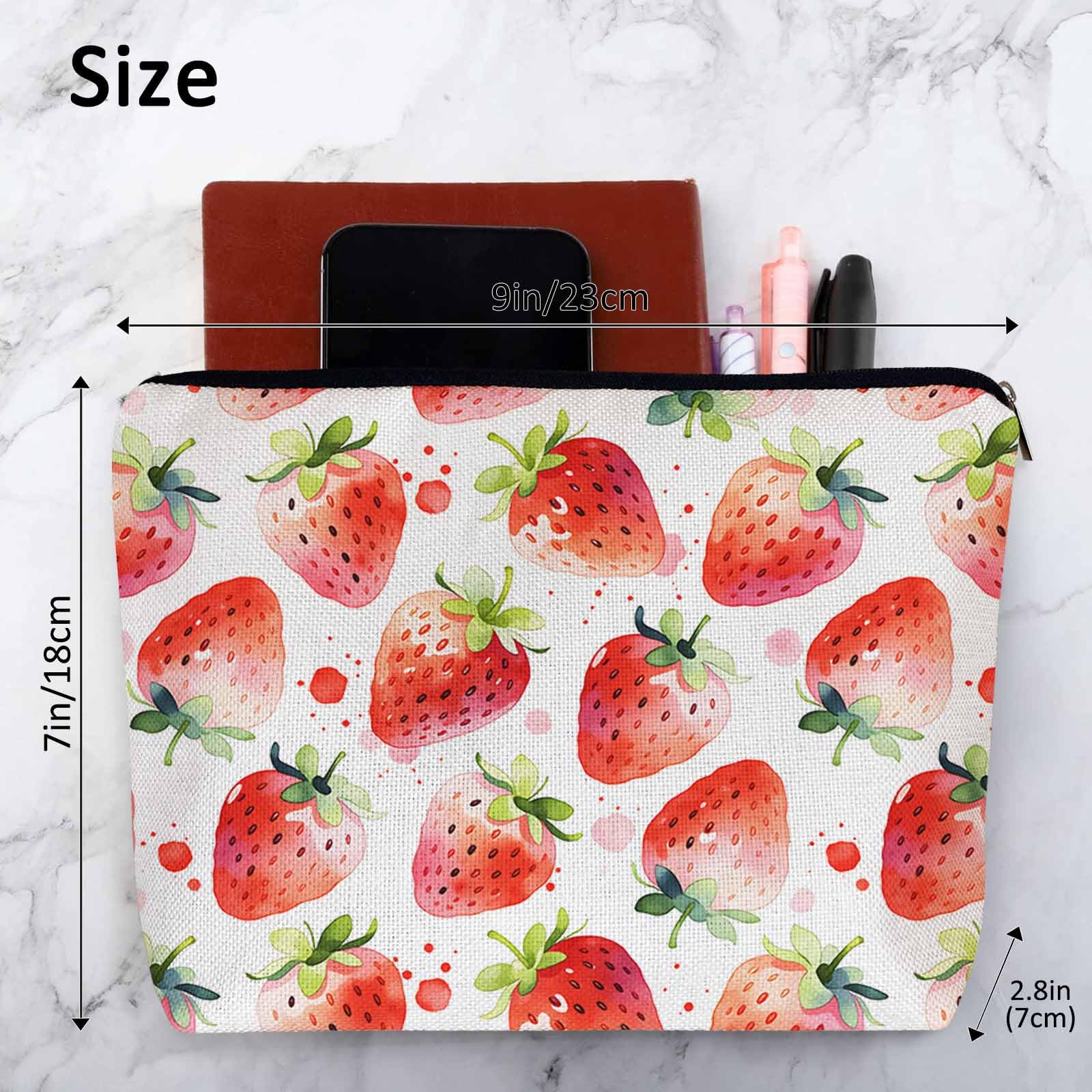 Kalygon Strawberry Cosmetic Travel Bag For Toiletries, Summer Fruits Strawberry Red Makeup Bag Toiletry Bags For Women, Flax Cosmetic Bags Make Up Bag Purse Toiletries Bag Birthday Gift