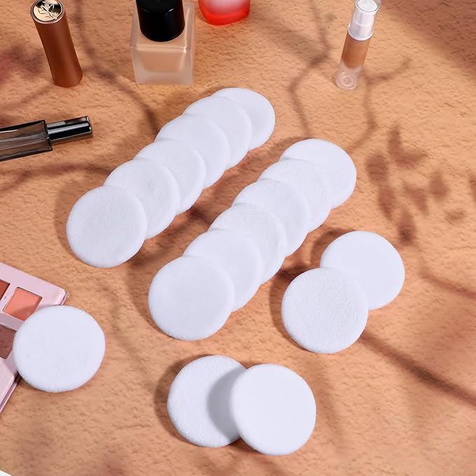 40 Pcs Washable Soft Makeup Powder Pads Cotton Bulk, White Round Cosmetic Face Powders Makeup Puffs with Ribbon, for Loose Setting Blending Foundation Cream Pressed Body Powders