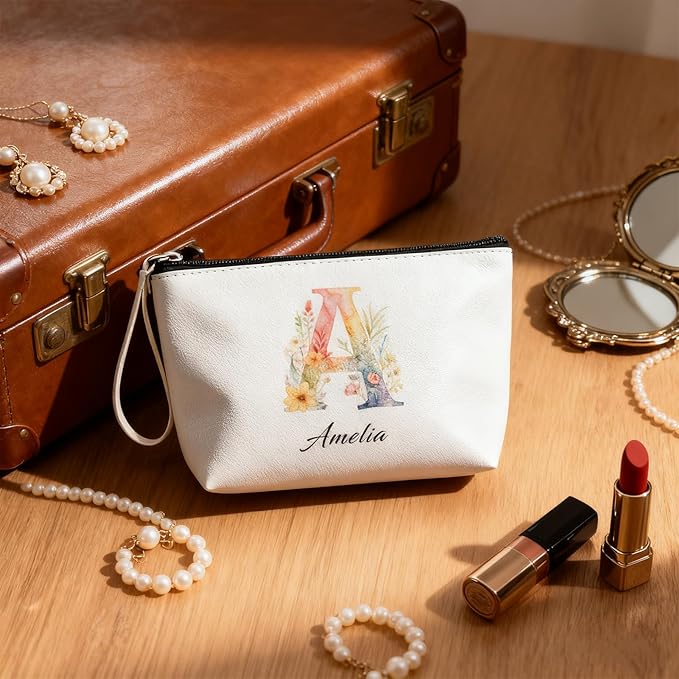 Bliver Personalized Makeup Bag Initial&Birth Flower Custom Small Travel Cosmetic Bag with Name Cute Makeup Bag for Women Girls