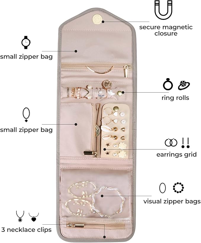 BAGSMART Travel Jewelry Organizer Case Foldable Jewelry Roll,Warm Gray