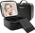PRALENA Travel Makeup Bag with LED Mirror – 3 Brightness Modes, Portable Lighted Makeup Case with Adjustable Dividers, Cosmetic Organizer Gift for Women (Black)