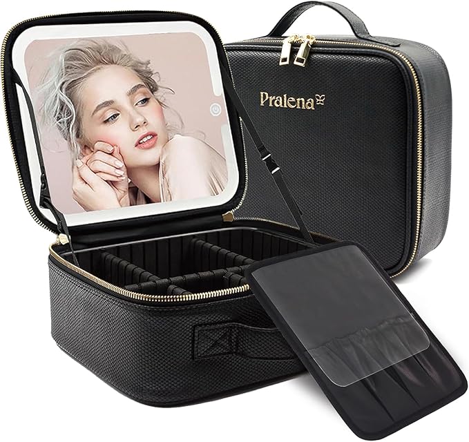 PRALENA Travel Makeup Bag with LED Mirror – 3 Brightness Modes, Portable Lighted Makeup Case with Adjustable Dividers, Cosmetic Organizer Gift for Women (Black)