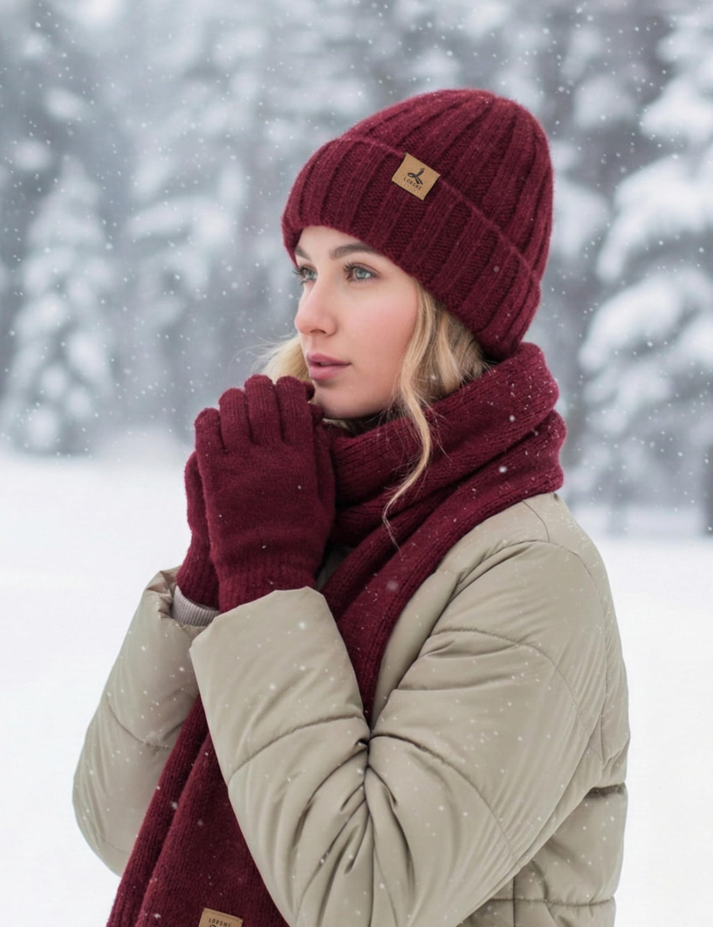 LOROME Winter Beanie Hat Gloves Scarf, Cashmere Hat Gloves Scarf Set Women