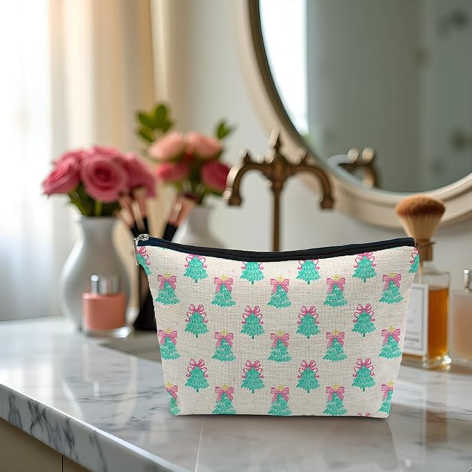 SAFDSGFDB Coquette Pink Bow Christmas Tree Makeup Bag, Preppy Mint Green Christmas Tree Cosmetic Bags Gifts for Women, Girly Xmas Portable Travel Toiletry Bag Zipper Makeup Pouch