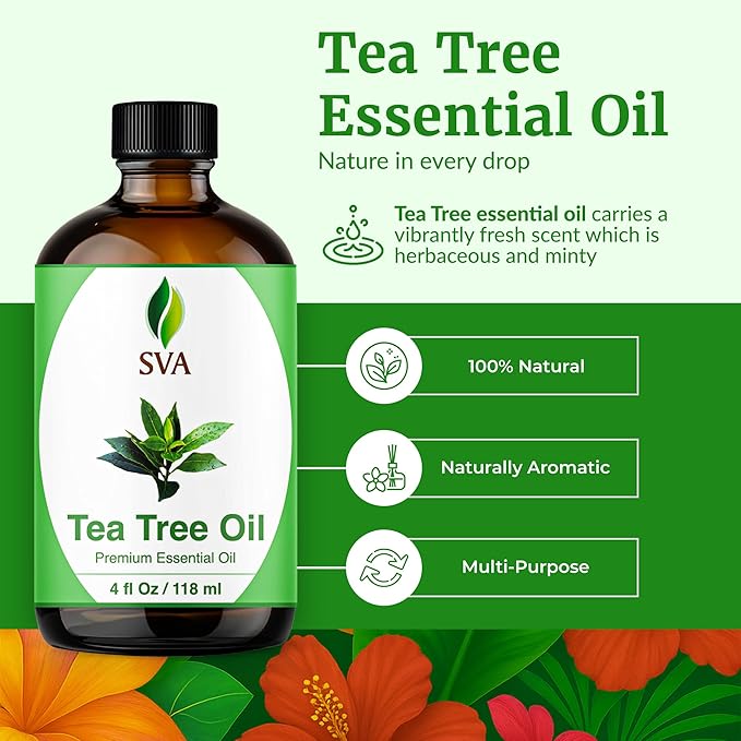 SVA Tea Tree Essential Oil 4 Fl Oz – for Diffuser, Skin & Hair Care – Ideal for Massage & DIY Blends – with Dropper