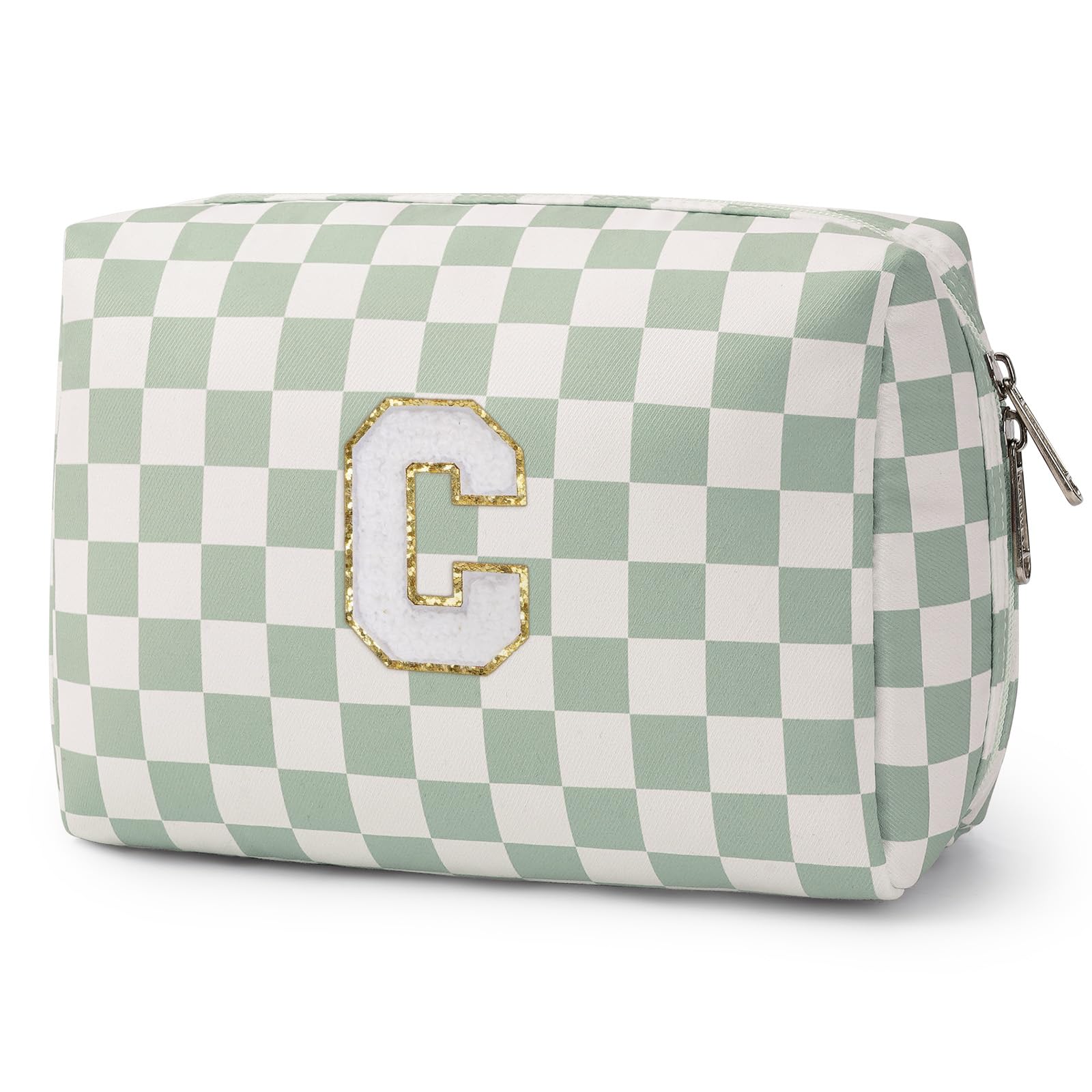 Narwey Birthday Gifts for Teen Girls Women Personalized Initial Checkered Makeup Bag Preppy Cosmetic Bag Trendy Stuff 6 8 10 11 12 13 14 16 18 Years Old Travel Toiletry Bag (Green Letter C)