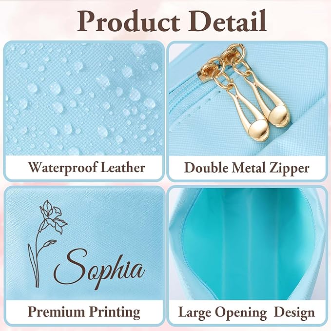 Fincekoom Personalized Makeup Bag with Name & Birth Flower, Custom Leather Cosmetic Bags for Women, Customized Travel Toiletry Bag Gifts for Bridesmaid Wedding