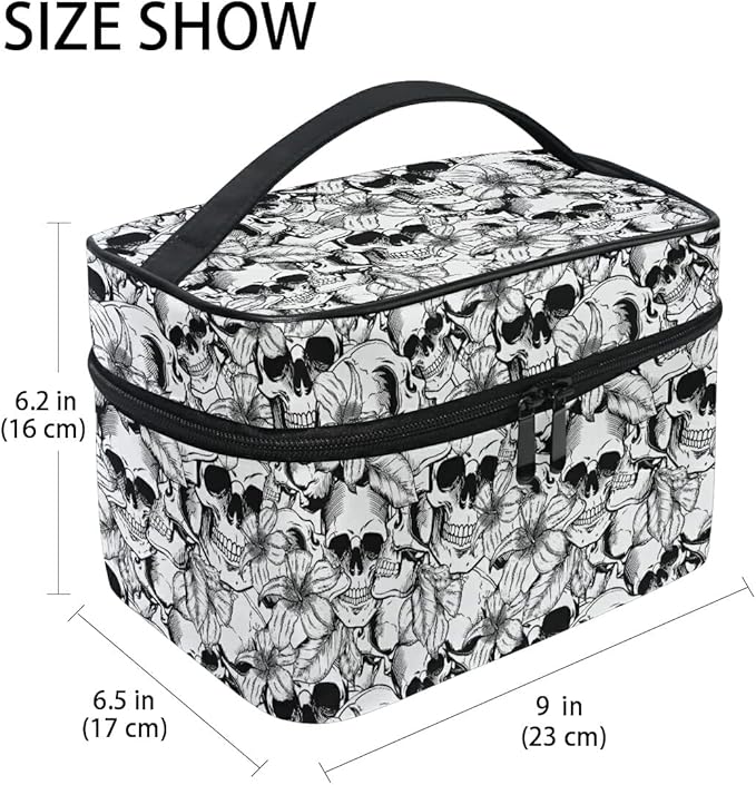 MNSRUU Goth Skull Makeup Bag, Gothic Skull Flowers Makeup Organizer Bags Toiletry Bag Box Travel Cosmetic Bag Make Up Train Case for Women Teen Girl Ladies