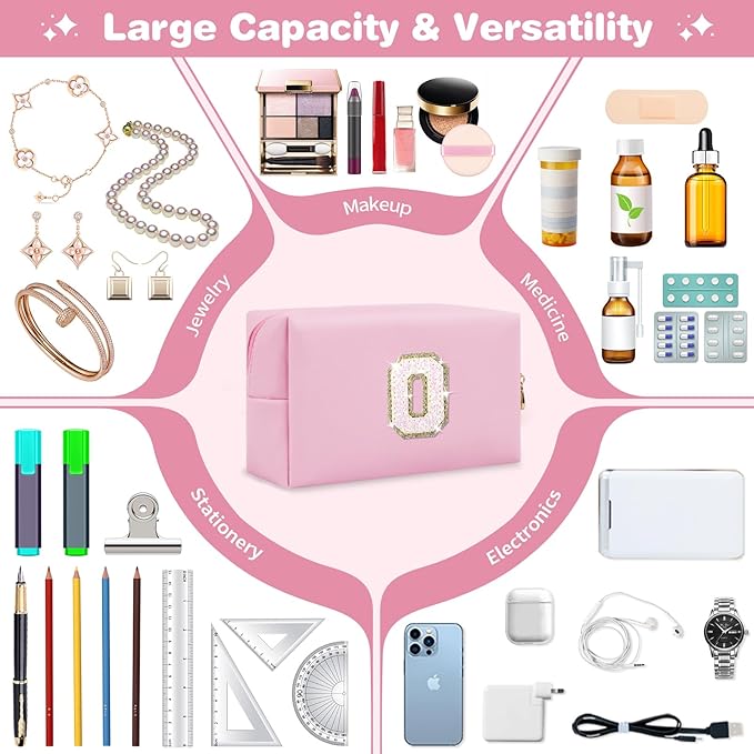 Small Personalized Initial A-Z Patch Makeup Bag,Pink Cute PU Leather Glitter Letter Cosmetic Bag for Teen Girls,Travel Toiletry Bag with Zipper,Preppy Monogrammed Birthday Gift for Daughter Niece O