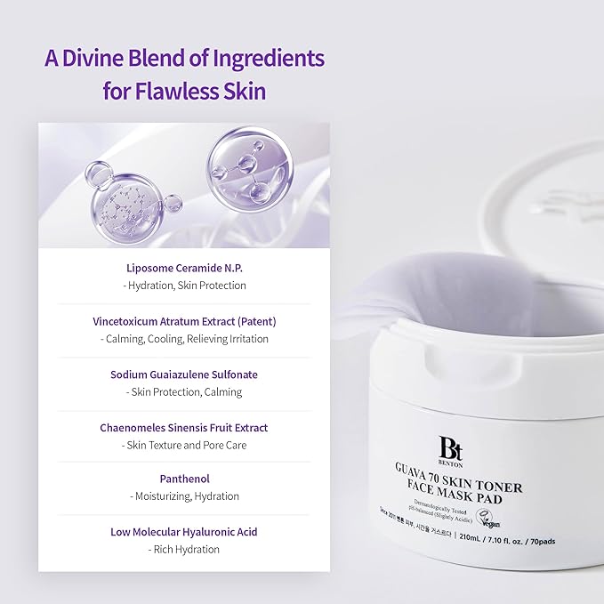 BENTON Guava 70 skin Toner Face Mask Pad Moisturizer Hyaluronic Acid Soothing Calming Relief Pore Care for Dry Sensitive, All Skin types Dewy Luminous Skin, Non-Drying Toner Pads, Korean Skin Care