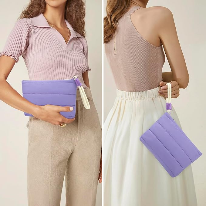 DOB SECHS Striped Quilted Makeup Bag with Wristlet Handle Cute Puffy Cotton Cosmetic Bag for Women Small Puffer Toiletry Zipper Make Up Pouch Quilt Clutch Bag Travel Organizer Storage Pouches, Purple