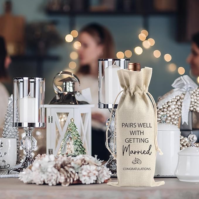 BARREEMO Engagement Wine Gift Bag Wedding Engaged Gifts for Newlyweds Couple Women Men Bridal Shower Gifts for Bride and Groom Pairs Well with Wedding Planning Getting Marride Wine Bags