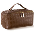 Abiudeng Travel Makeup Bag Large Capacity for Travel Essentials Open Flat Makeup bag Organizer with Divider and Handle-Rhombus Brown