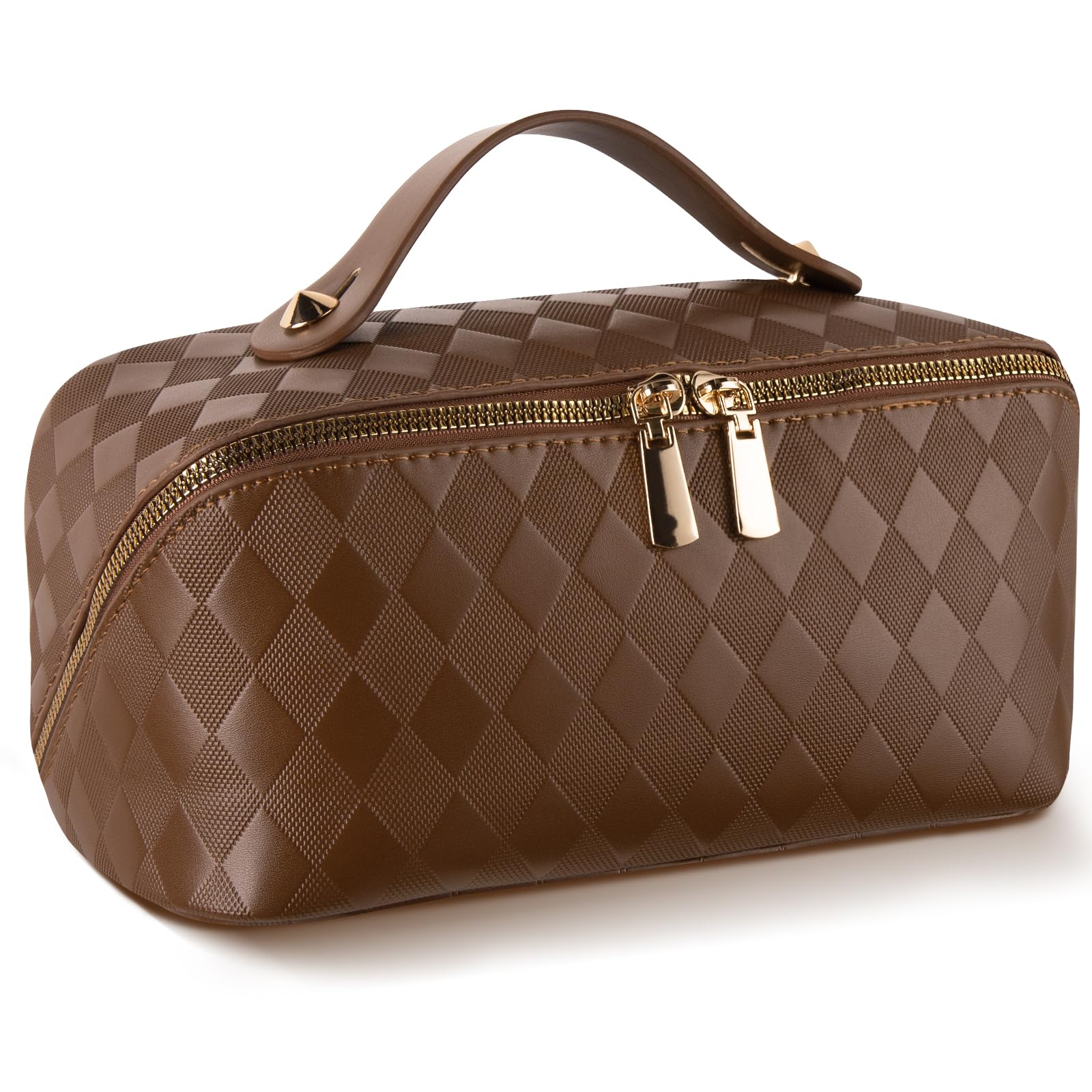 Abiudeng Travel Makeup Bag Large Capacity for Travel Essentials Open Flat Makeup bag Organizer with Divider and Handle-Rhombus Brown