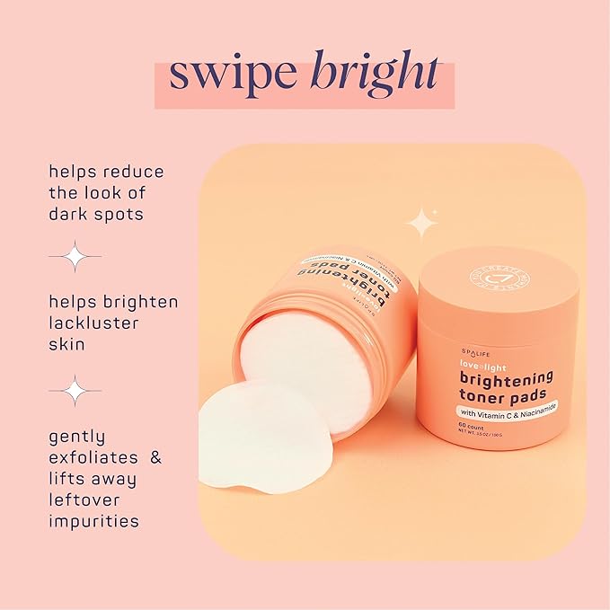 SpaLife Brightening Korean Toner Pads | For Uneven Skin Tone, Dark Spots & Discoloration, Clogged Pores, Dullness with Vitamin C, Niacinamide | Pre-Soaked Pads | 60 Count