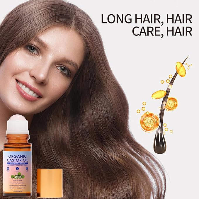 SDXJIOGE Organic Castor Oil Rose Quartz Roller Ball – 100% Cold Pressed Hexane Free Castor Oil Roll On for Facial Skin Care, Fine Lines, Wrinkles & Under Eye Puffiness (1.7 Fl Oz)