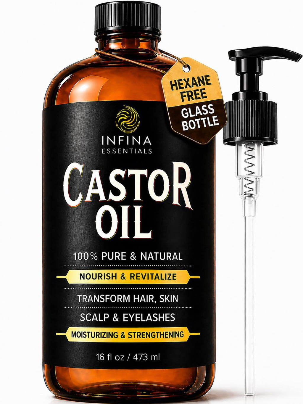 Pure Cold Pressed Castor Oil, Hexane Free Glass Bottle Unrefined, 16 fl oz