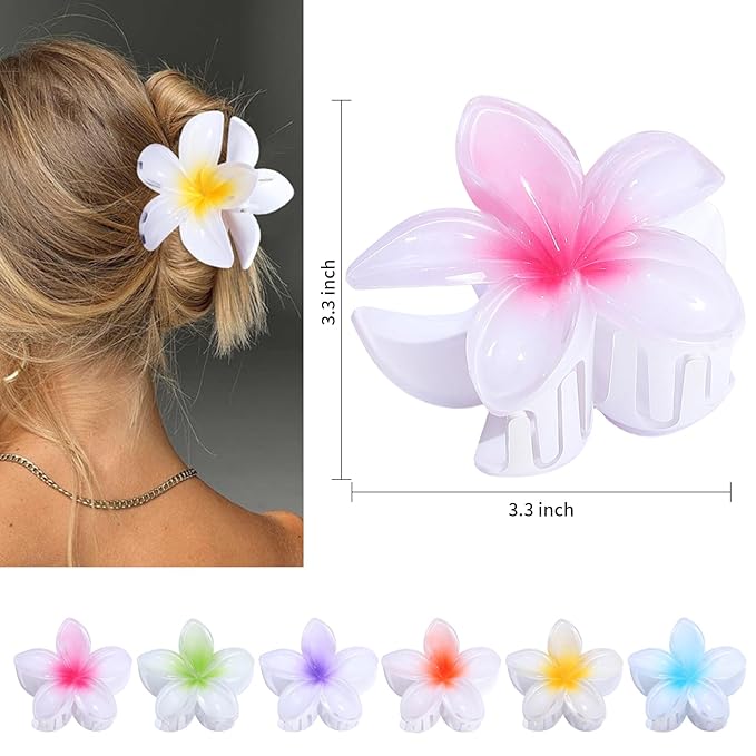 CHANDAT Flower Hair Clips 6 PCS Hawaiian Claw Clips for Vacation Hibiscus Hair Claw Clips Cute Large Hair Clips for Thick and Thin Hair Plumeria Hair Accessories for Women Girls -White Colorful