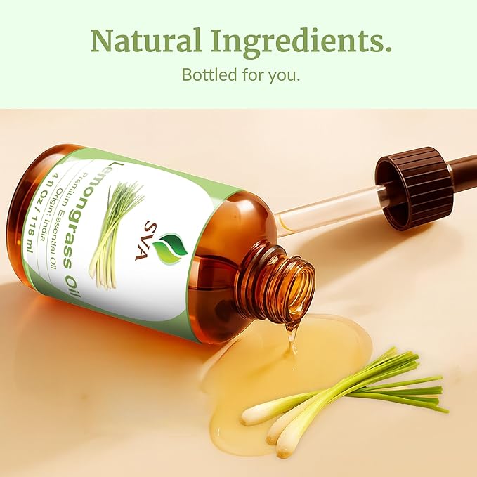 SVA Lemongrass Essential Oil 4 Fl Oz – for Diffuser, Skin & Hair Care – Ideal for Massage & DIY Blends - with Dropper