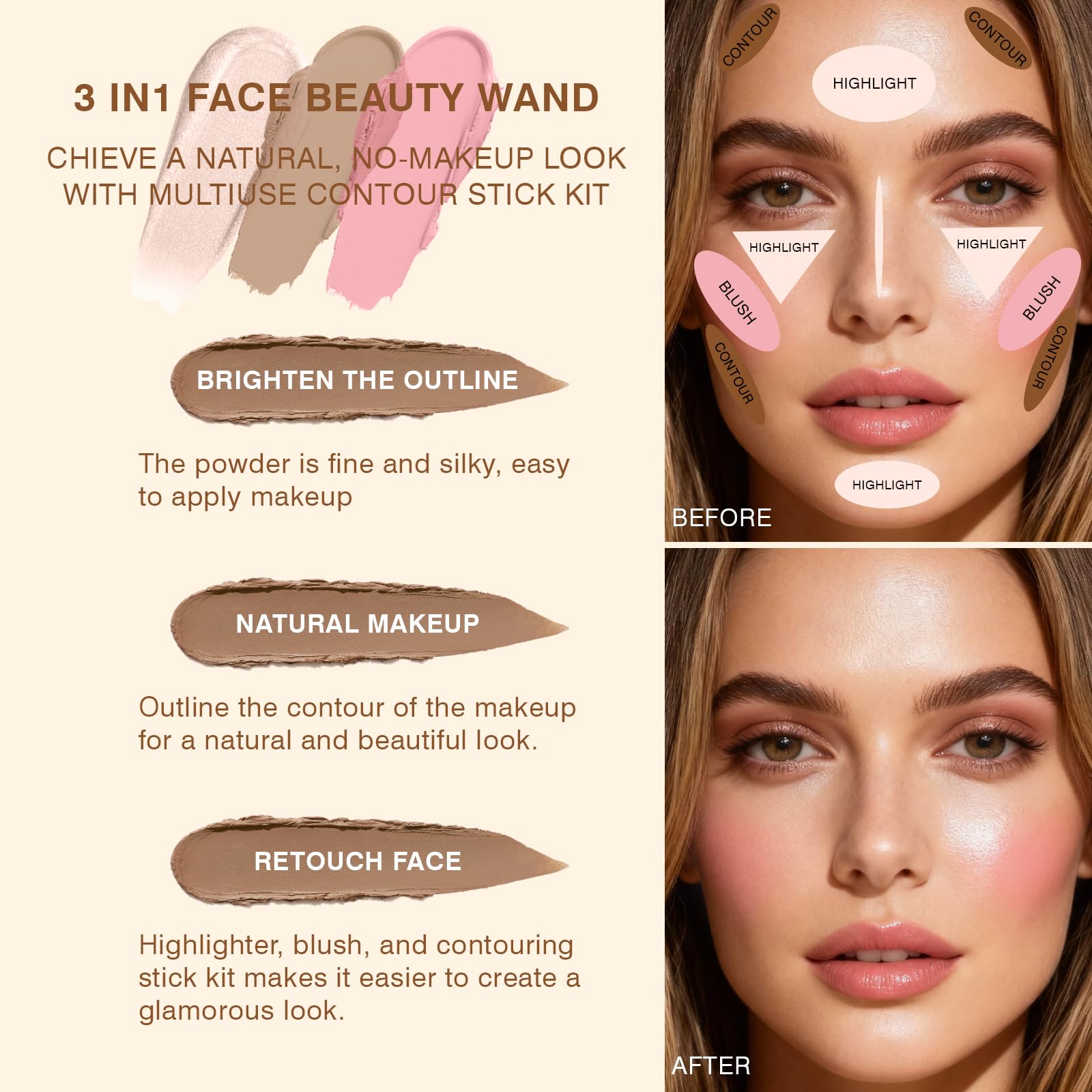 3Pcs Cream Contour Sticks, Shades with Highlighter & Blush & Bronzer Stick, Makeup Contour Stick Set for Sculpt the Cheeks Long Lasting Dewy & Matte Finish Lightweight LIGHT MEDIUM (SET-C)