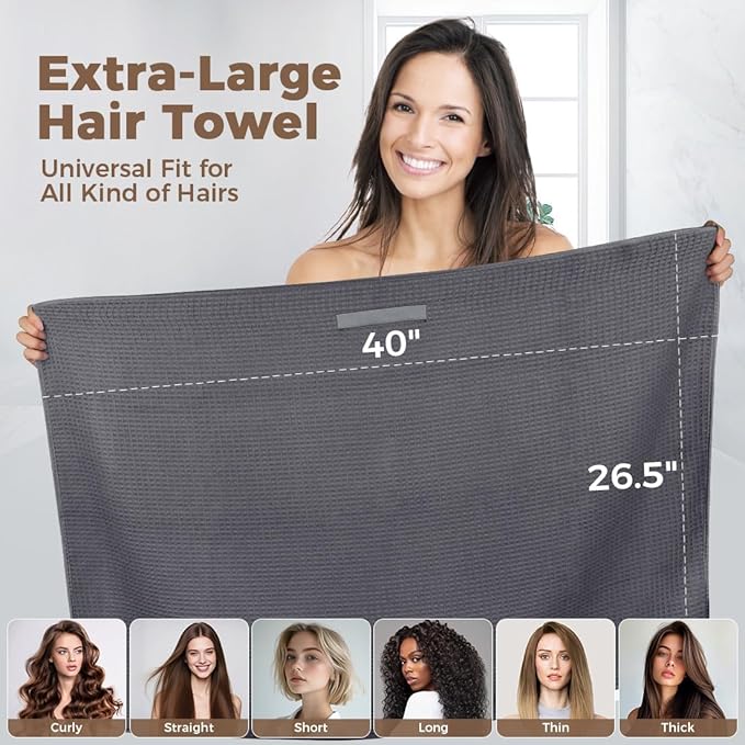 HOMEXCEL 2PK Microfiber Hair Towels Waffle Weave, 40x26.5 in, Fast Drying