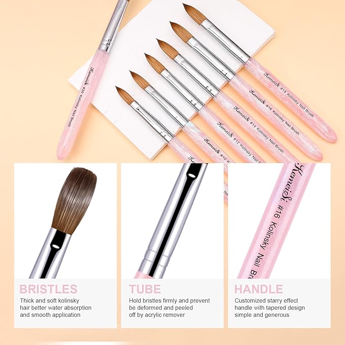 KEMEISI Acrylic Nail Brush Size #10, 100% Pure Kolinsky Nail Art Brushes for Acrylic Application, Sturdy Starry Handle Oval Shaped Nail Design Tools for Professional Manicure DIY, Pink