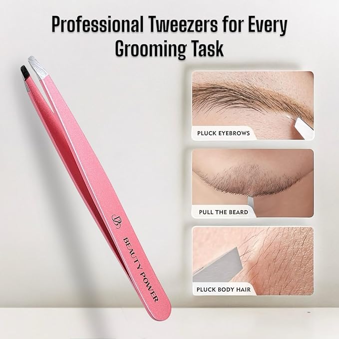 Beauty Power Tweezers for Women Facial Hair: Ultra Precision Tweezers for Women & Men, Sharp Slant Tweezer for Eyebrows, Ingrown Hair Removal. Professional Plucker, German Stainless Steel (Pink)