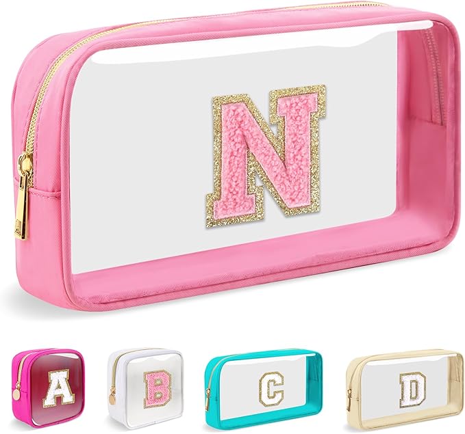 Small Clear Personalized Initial Makeup Bag,Nylon Preppy A-Z Chenille Letter Patch Cosmetic Pouch Beach Toiletry Bag,Waterproof Zipper Travel Purse Storage Bag Organizer for Women Girls(Pink-Pink N)