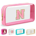 Small Clear Personalized Initial Makeup Bag,Nylon Preppy A-Z Chenille Letter Patch Cosmetic Pouch Beach Toiletry Bag,Waterproof Zipper Travel Purse Storage Bag Organizer for Women Girls(Beige-White N)