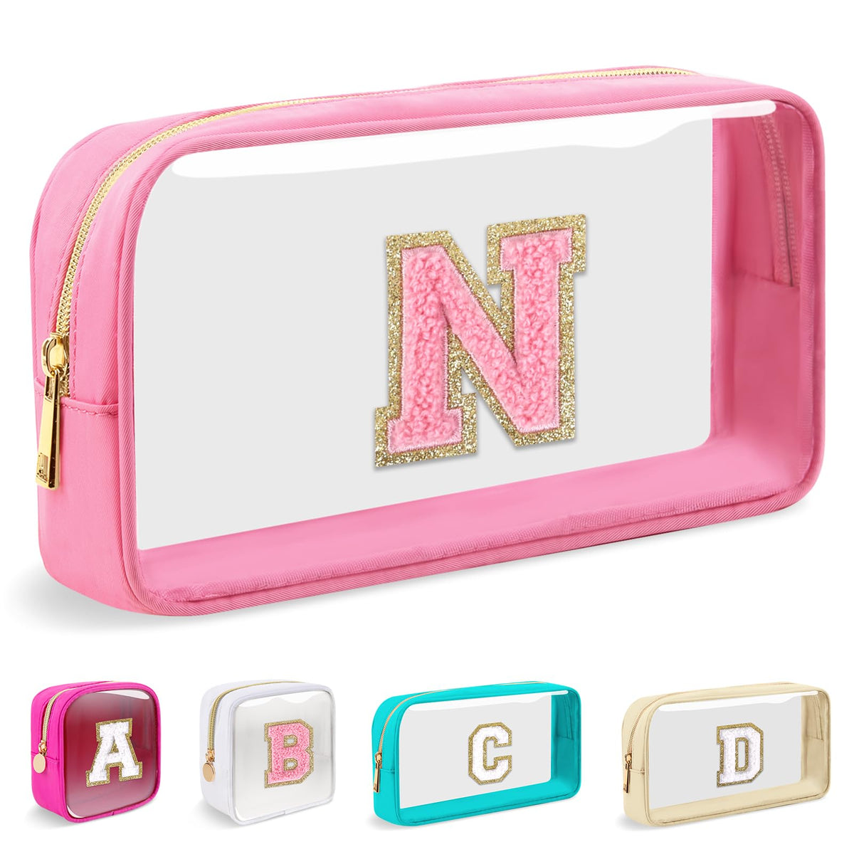Small Clear Personalized Initial Makeup Bag,Nylon Preppy A-Z Chenille Letter Patch Cosmetic Pouch Beach Toiletry Bag,Waterproof Zipper Travel Purse Storage Bag Organizer for Women Girls(Beige-White N)