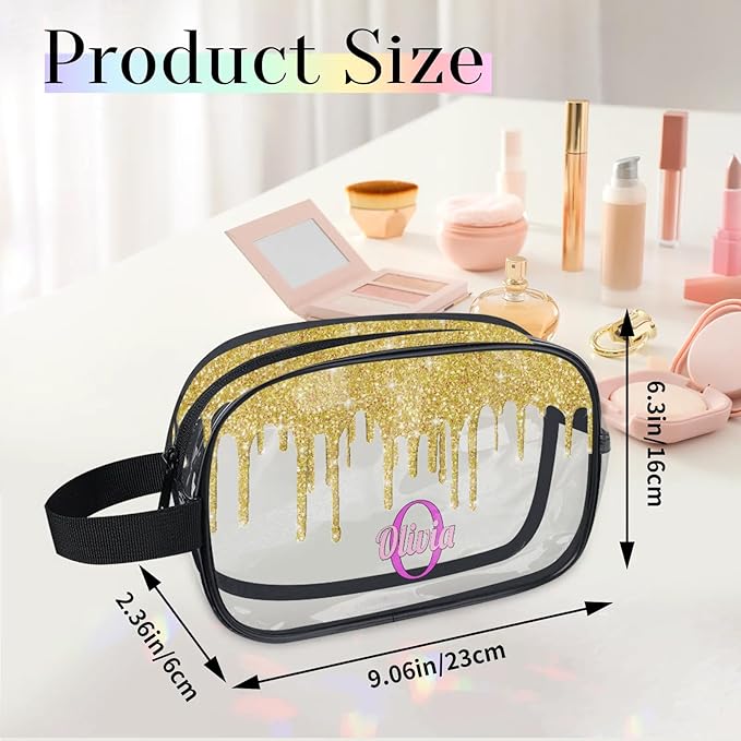 KFNHN Personalized Clear Makeup Bag with Name, Transparent Travel Cosmetic Bag for Women, Friends, Mother's Day, Bridesmaid, Bride, Wedding, Graduation, Yellow Glitters Water Fluid Shape Sequins