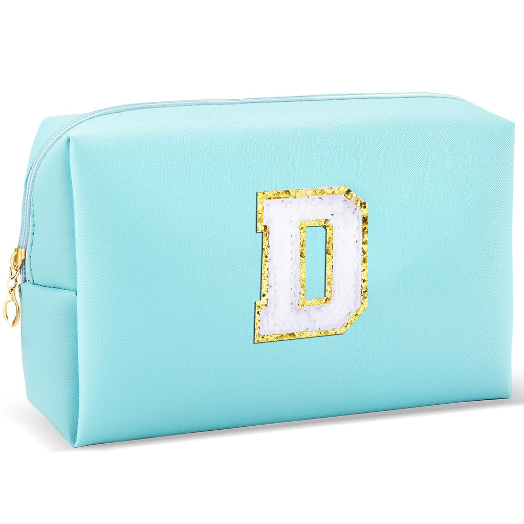 URSKYTOUS Gifts for Girls Initial Makeup Bag Personalized Cosmetic Bag with Zipper Cute Travel Toiletry Bag Waterproof PU Preppy Makeup Pouch Birthday Gift for Teen Girls Women(Blue D)