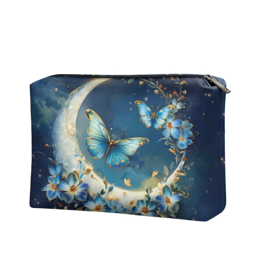 COEQINE Travel Makeup Bag for Women Large Leather Cosmetic Bag with Moon And Butterfly Gothic Makeup Case for Ladies Wallet Handbag