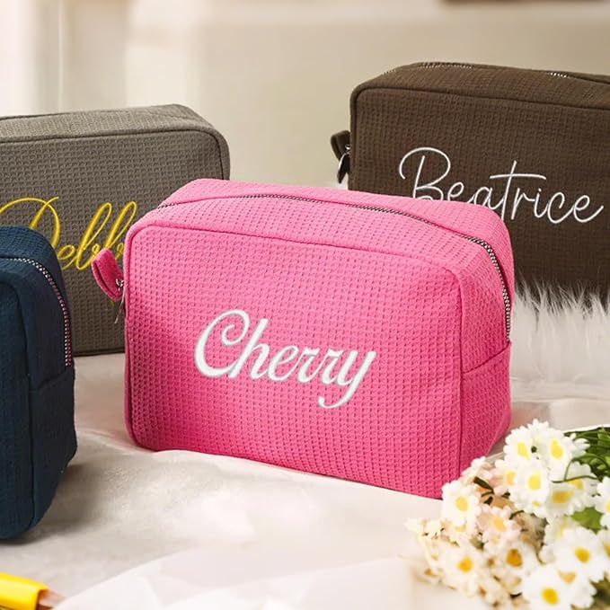 Personalized Embroidered Waffle Cosmetic Bags, Thicken Beauty Makeup Bag