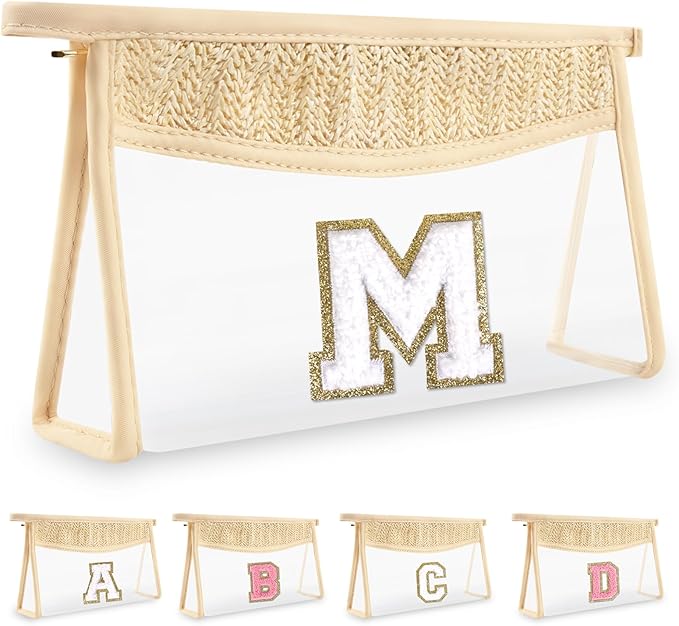 UIXIZQ Personalized Initial Letter Bag Boho Straw Clear Makeup Bag,Small Cute Chenille Varsity Letter Bag With Zipper,Beach Travel Toiletry Bag,Portable Monogrammed Cosmetic Bag for Women Girls,M
