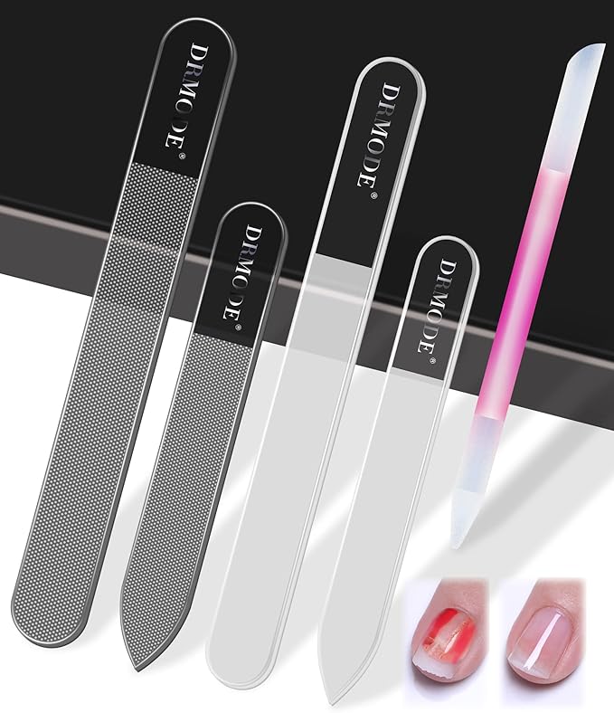 Glass Nail File Buffer with Case - 5PCS Nail Buffer and Nail Shiner Kit Glass Cuticle Pusher Nail Care for Men Women Nail Files for Natural Acrylic Nails Fingernail Files Manicure Tool