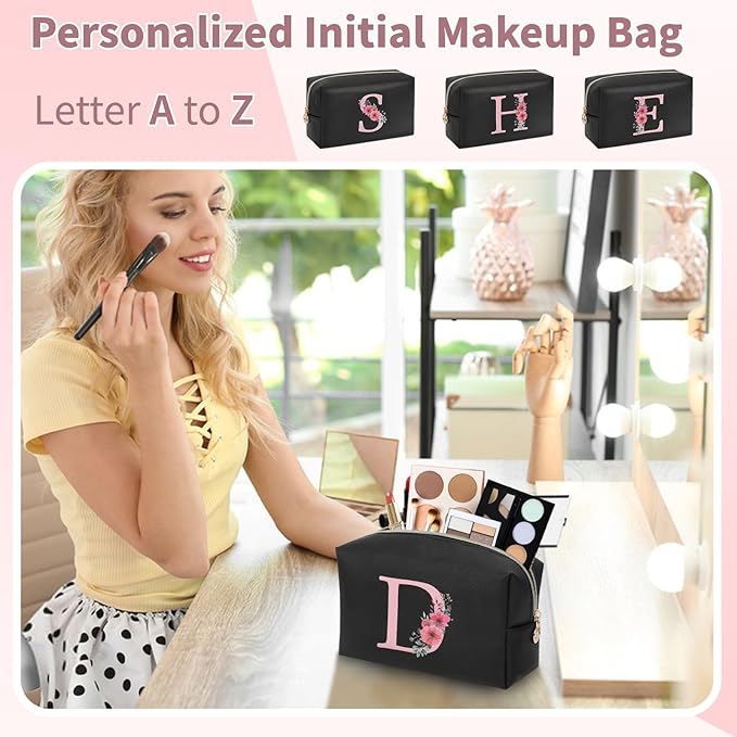 Initial Makeup Bag for Women, Travel Makeup Bag Small Cosmetic Bag, Birthday Gifts for Girls and Women, Teen Girls Gifts Trendy Stuff, Personalized Gifts for Grandkids Teacher Friends Bride Bridesmaid