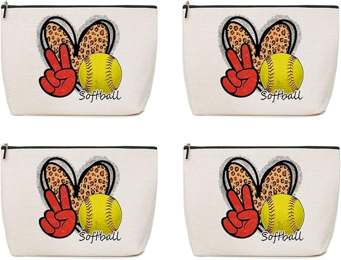 4Pcs Softball Leopard Makeup Bag Inspirational Cosmetic Bag