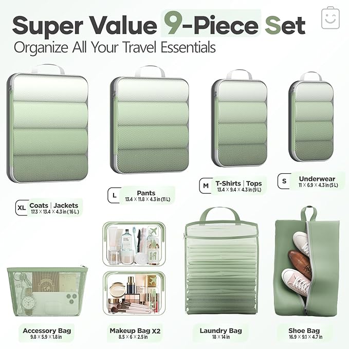 Veken 9/11 Set Compression Packing Cubes Garment Bags for Travel Essentials,Compressible Expandable Luggage Organizer Bags for Clothing,Space Saver Bags with Over 1000 pcs of Mesh Holes(Matcha Green)